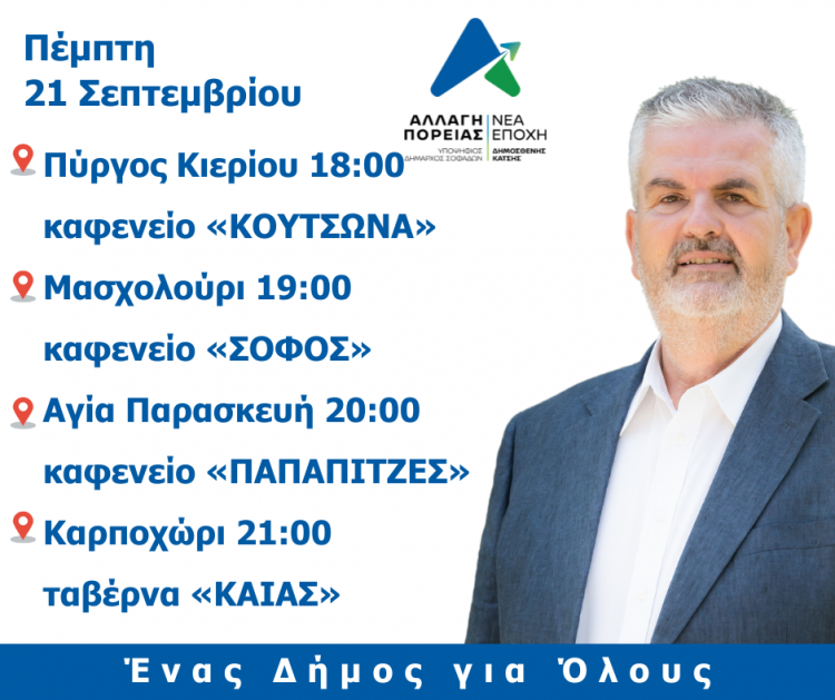 Το αυριανό πρόγραμμα περιοδειών του υποψήφιου Δημάρχου Σοφάδων Δημοσθένη Κατσή