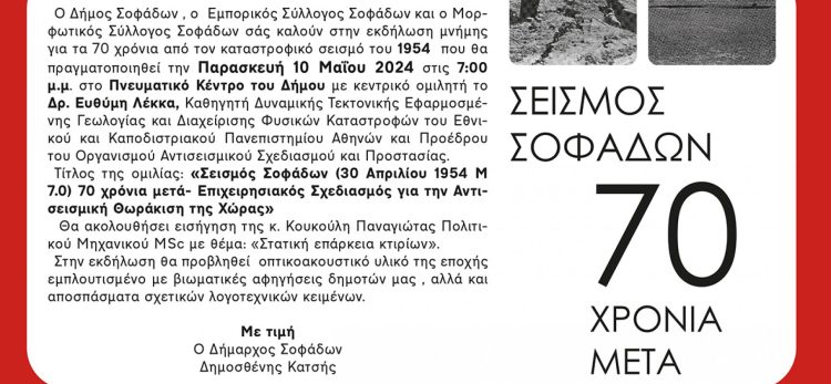 Εκδήλωση Μνήμης «ΣΕΙΣΜΟΣ ΣΟΦΑΔΩΝ 70 ΧΡΟΝΙΑ ΜΕΤΑ»